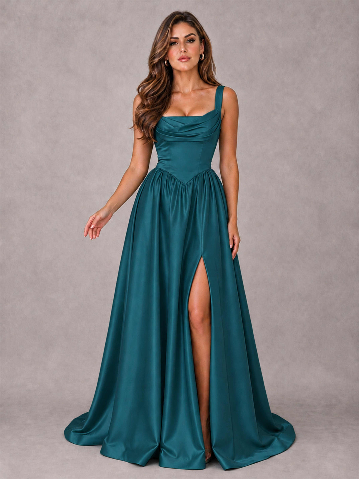 Cowl Neck Strap Satin Formal Dress High Slit A-Line Floor Length Evening Gown