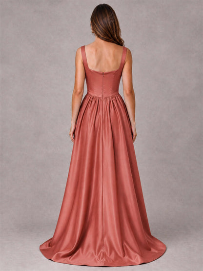 Cowl Neck Strap Satin Formal Dress High Slit A-Line Floor Length Evening Gown