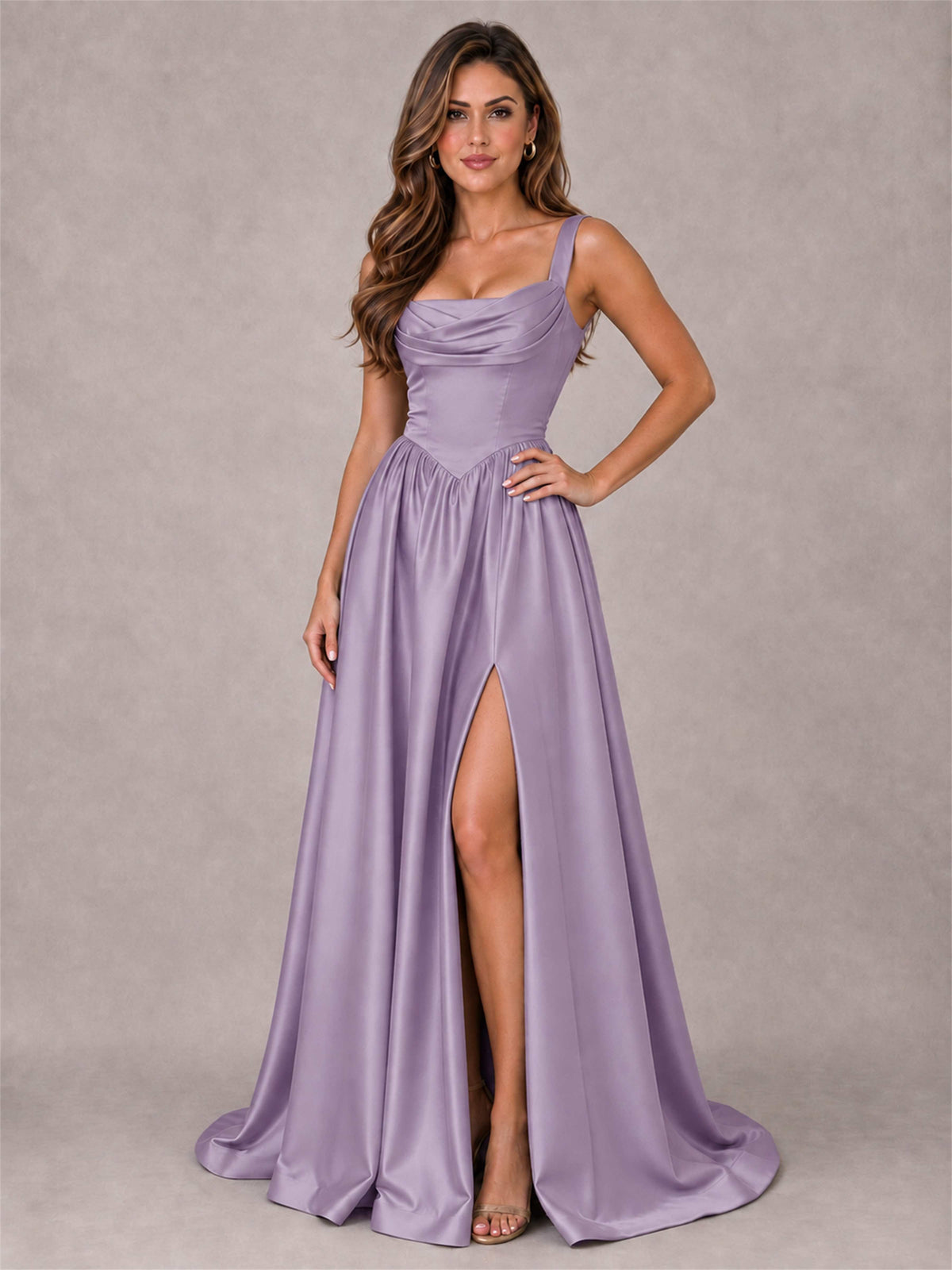 Cowl Neck Strap Satin Formal Dress High Slit A-Line Floor Length Evening Gown
