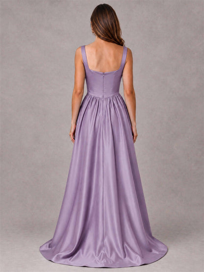 Cowl Neck Strap Satin Formal Dress High Slit A-Line Floor Length Evening Gown