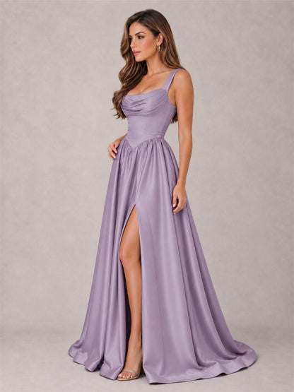 Cowl Neck Strap Satin Formal Dress High Slit A-Line Floor Length Evening Gown