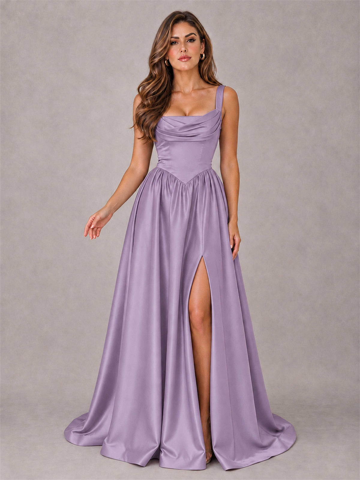 Cowl Neck Strap Satin Formal Dress High Slit A-Line Floor Length Evening Gown