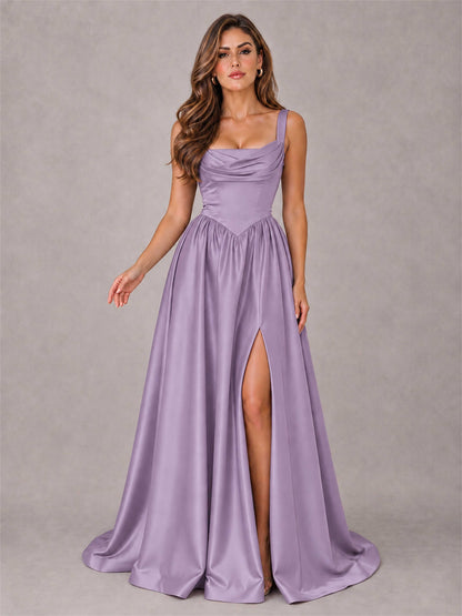 Cowl Neck Strap Satin Formal Dress High Slit A-Line Floor Length Evening Gown