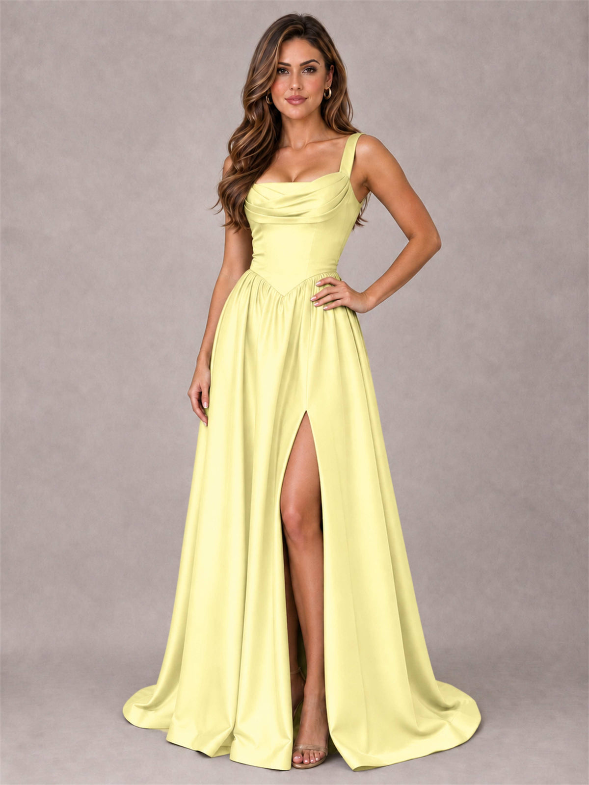 Cowl Neck Strap Satin Formal Dress High Slit A-Line Floor Length Evening Gown