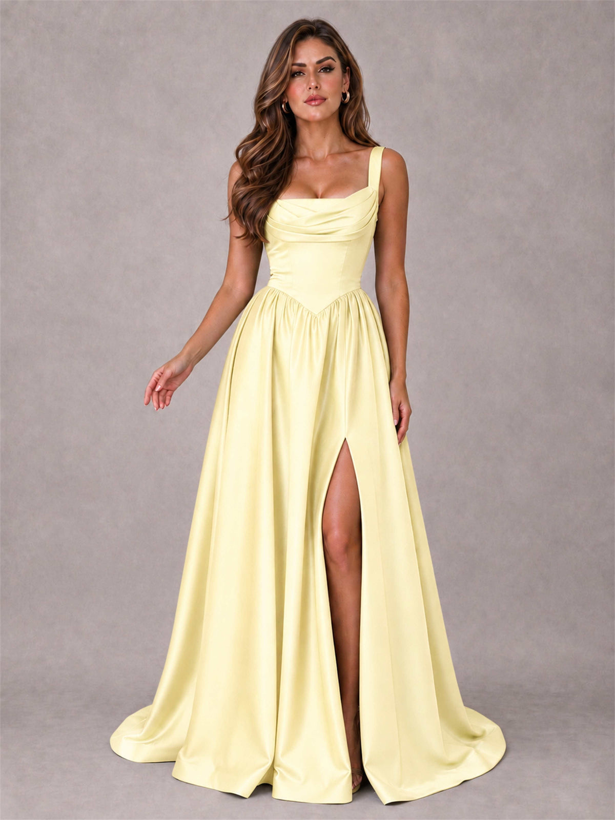 Cowl Neck Strap Satin Formal Dress High Slit A-Line Floor Length Evening Gown