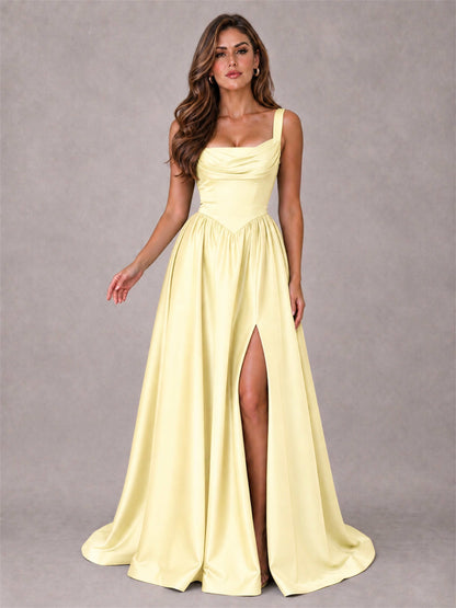 Cowl Neck Strap Satin Formal Dress High Slit A-Line Floor Length Evening Gown