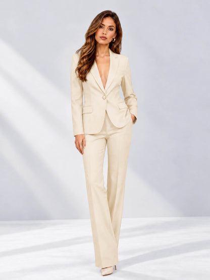 Cream 2 Pieces Slim Fit One Button Women's Suits for Commuting
