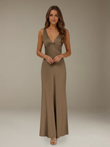 Free Shipping Deep V-Neck Prom Dress Sleeveless Ankle Length