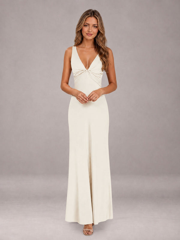 Ivory Deep V-Neck Sleeveless Ankle Length Bridesmaid Dress