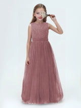 Delicate A-Line Sleeveless Lace Tulle Floor Length Junior Bridesmaid Dresses