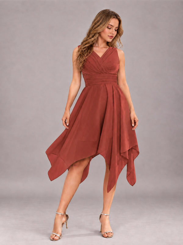 Rust Delicate Asymmetrical Sleeveless Knee Length Short Bridesmaid Dress