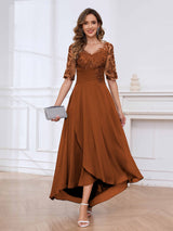 Delicate V-Neck Half Sleeves Lace Chifon High Low Mother Of The Bride Dresses