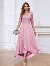 Delicate V-Neck Half Sleeves Lace Chifon High Low Mother Of The Bride Dresses