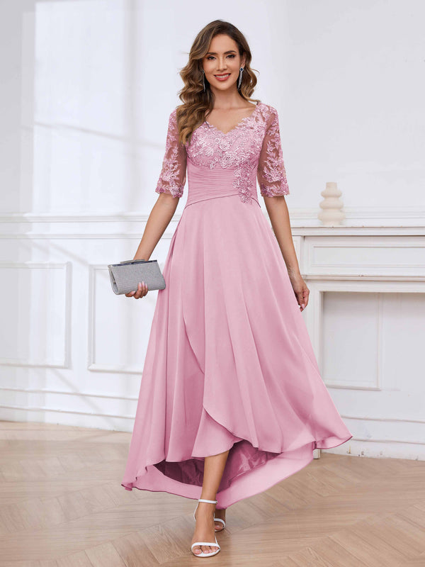 Candy Pink Delicate V-Neck Half Sleeves Lace Chifon High Low Mother Of The Bride Dresses