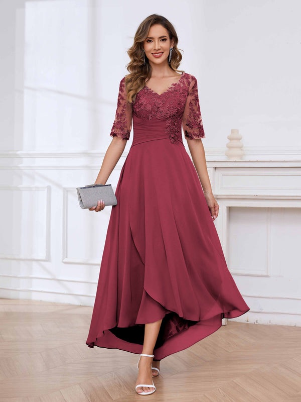 Cinnamon Rose Delicate V-Neck Half Sleeves Lace Chifon High Low Mother Of The Bride Dresses