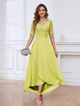 Delicate V-Neck Half Sleeves Lace Chifon High Low Mother Of The Bride Dresses