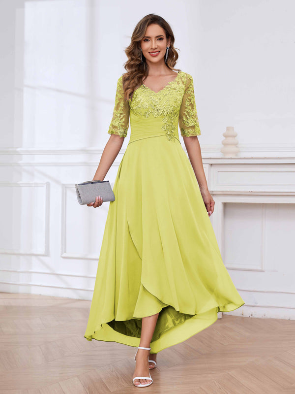 Daffodil Delicate V-Neck Half Sleeves Lace Chifon High Low Mother Of The Bride Dresses