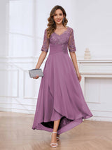 Delicate V-Neck Half Sleeves Lace Chifon High Low Mother Of The Bride Dresses