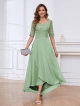 Delicate V-Neck Half Sleeves Lace Chifon High Low Mother Of The Bride Dresses