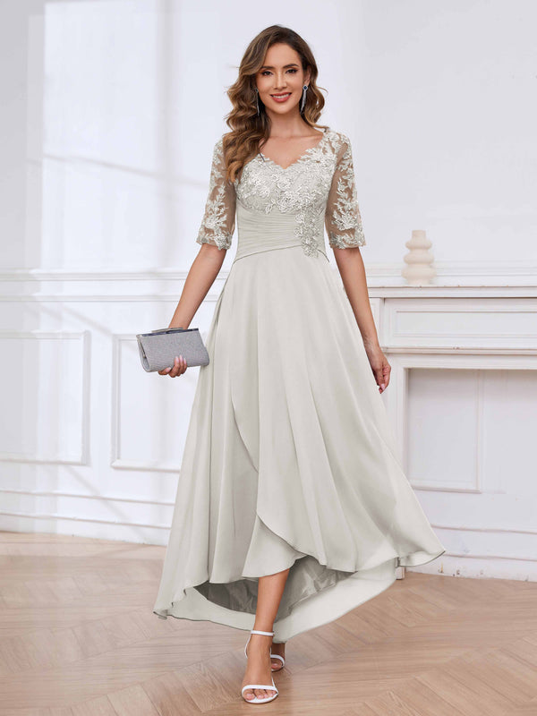 Ivory Delicate V-Neck Half Sleeves Lace Chifon High Low Mother Of The Bride Dresses