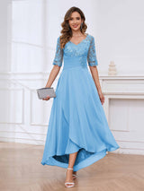 Delicate V-Neck Half Sleeves Lace Chifon High Low Mother Of The Bride Dresses