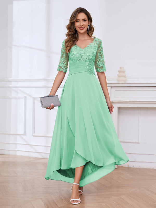 Mint Green Delicate V-Neck Half Sleeves Lace Chifon High Low Mother Of The Bride Dresses
