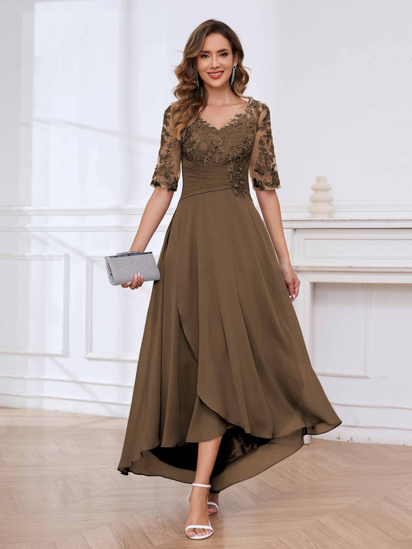 Mocha Delicate V-Neck Half Sleeves Lace Chifon High Low Mother Of The Bride Dresses