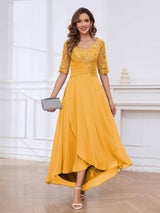 Delicate V-Neck Half Sleeves Lace Chifon High Low Mother Of The Bride Dresses