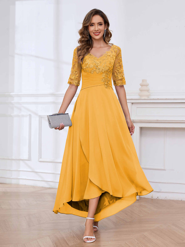 Mustard Delicate V-Neck Half Sleeves Lace Chifon High Low Mother Of The Bride Dresses