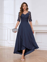 Delicate V-Neck Half Sleeves Lace Chifon High Low Mother Of The Bride Dresses