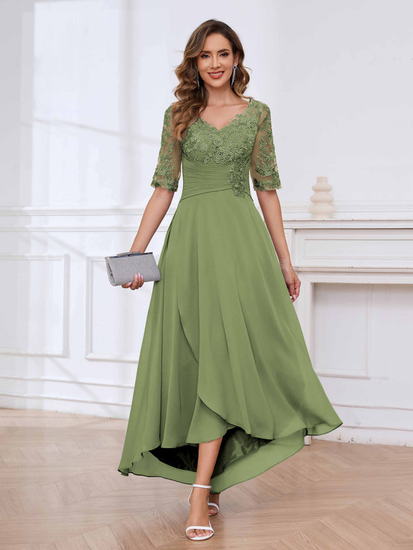 Olive Green Delicate V-Neck Half Sleeves Lace Chifon High Low Mother Of The Bride Dresses