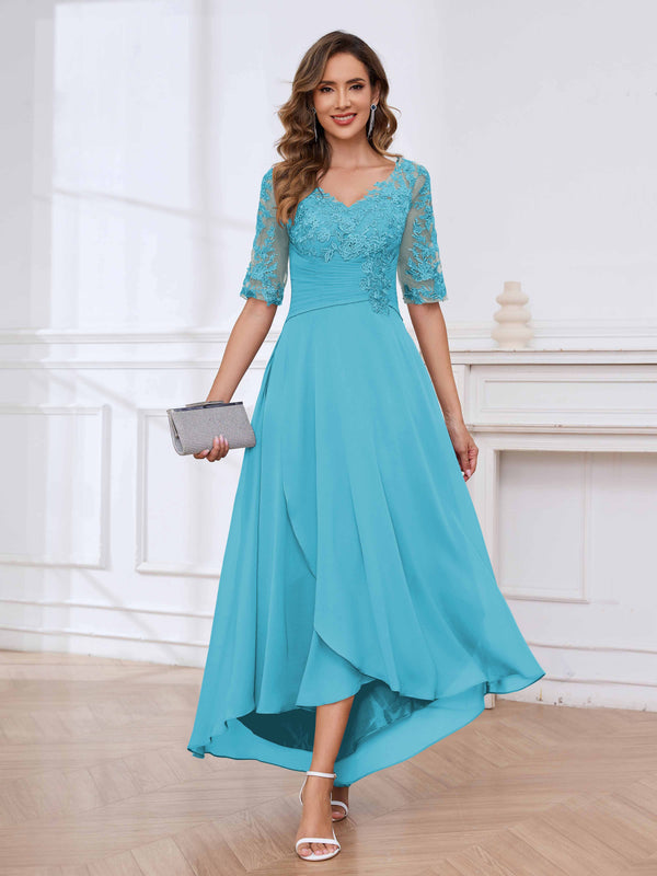 Pool Delicate V-Neck Half Sleeves Lace Chifon High Low Mother Of The Bride Dresses