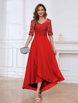 Delicate V-Neck Half Sleeves Lace Chifon High Low Mother Of The Bride Dresses