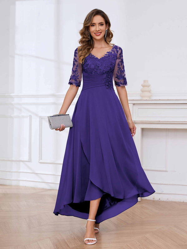 Regency Delicate V-Neck Half Sleeves Lace Chifon High Low Mother Of The Bride Dresses