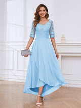 Delicate V-Neck Half Sleeves Lace Chifon High Low Mother Of The Bride Dresses