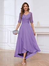 Delicate V-Neck Half Sleeves Lace Chifon High Low Mother Of The Bride Dresses