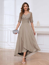 Delicate V-Neck Half Sleeves Lace Chifon High Low Mother Of The Bride Dresses