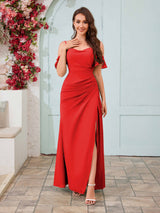 Delicate V-Neck Off The Shoulder Slit Chiffon Bridesmaid Dresses