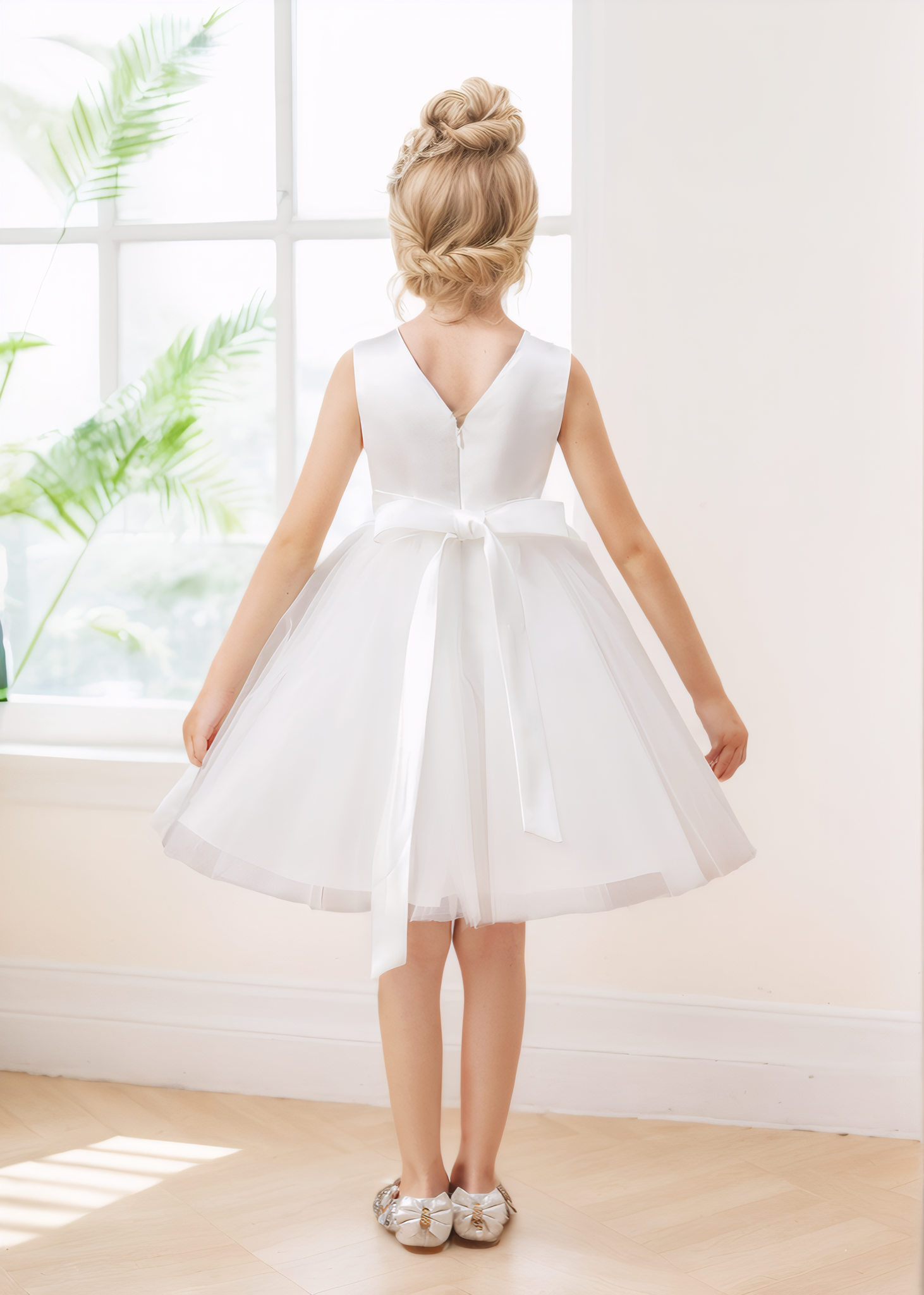 Delicate V-Neck Sleeveless Satin Tulle Short Flower Girl Dresses