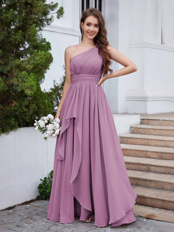 Dusty Purple Dreamlike One Shoulder A-Line Long Chiffon Bridesmaid Dresses