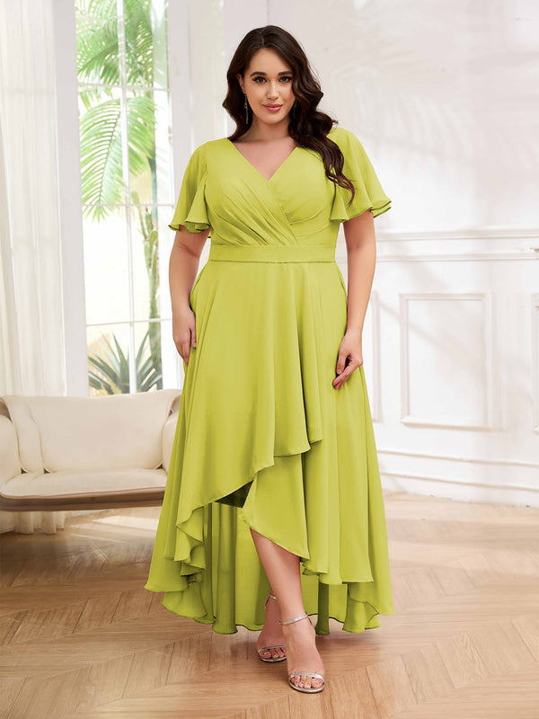 Daffodil Dreamlike V-Neck Short Sleeves High Low Plus Size Mother Of The Bride Dresses