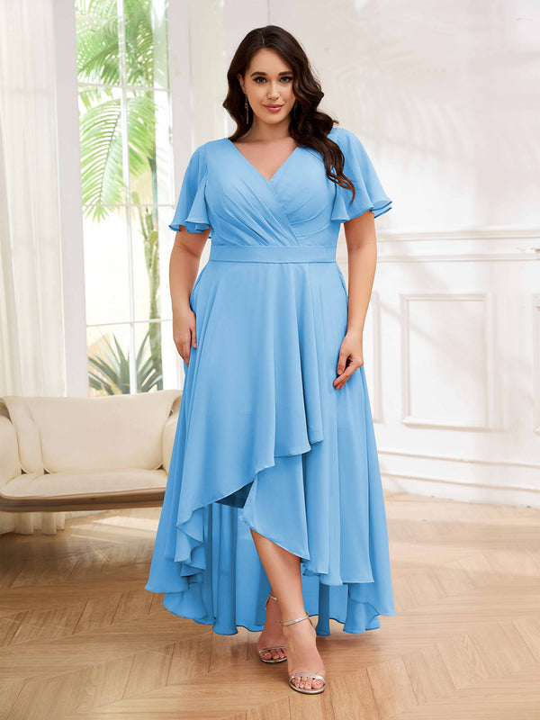 Light Blue Dreamlike V-Neck Short Sleeves High Low Plus Size Mother Of The Bride Dresses
