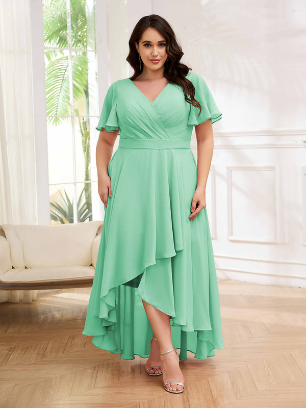 Mint Green Dreamlike V-Neck Short Sleeves High Low Plus Size Mother Of The Bride Dresses