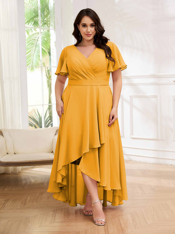 Mustard Dreamlike V-Neck Short Sleeves High Low Plus Size Mother Of The Bride Dresses