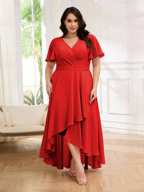 Red Dreamlike V-Neck Short Sleeves High Low Plus Size Mother Of The Bride Dresses