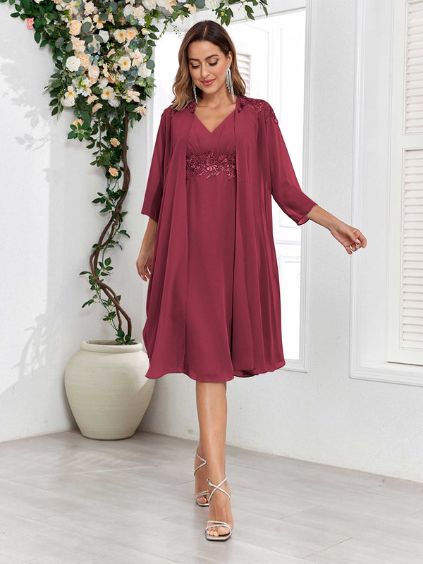 Cinnamon Rose Dreamy V-Neck Two Pieces Appliques Chiffon Mother Of The Bride Dresses