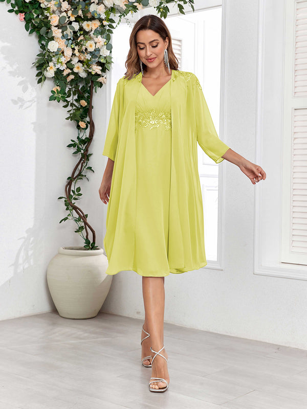 Daffodil Dreamy V-Neck Two Pieces Appliques Chiffon Mother Of The Bride Dresses