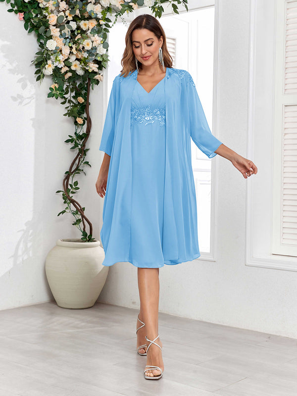 Light Blue Dreamy V-Neck Two Pieces Appliques Chiffon Mother Of The Bride Dresses