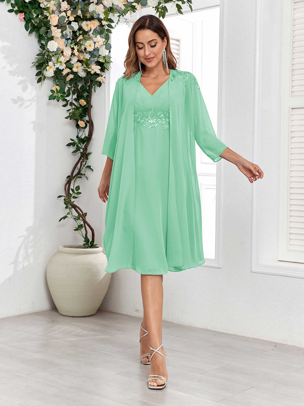 Mint Green Dreamy V-Neck Two Pieces Appliques Chiffon Mother Of The Bride Dresses
