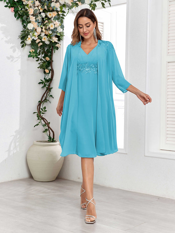 Pool Dreamy V-Neck Two Pieces Appliques Chiffon Mother Of The Bride Dresses